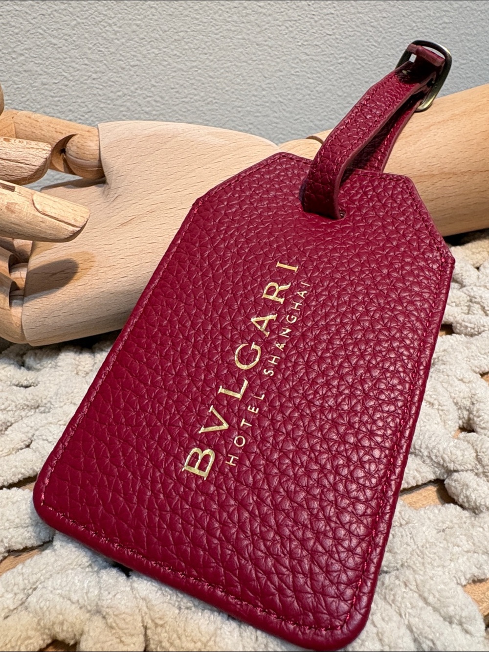 Bulgari Wine Red Pebbled Leather Luggage Tag with Gold Logo